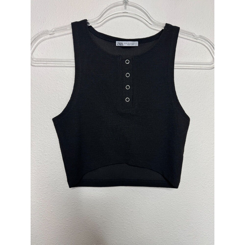 Zara Medium Henley Tank Top Black Ribbed Crop Snap Button Sleeveless Round Neck